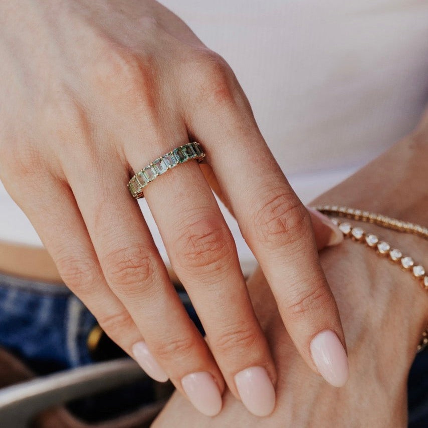 Natural Teal Montana Sapphire Eternity Ring 14K Gold Emerald Cut Wedding Band