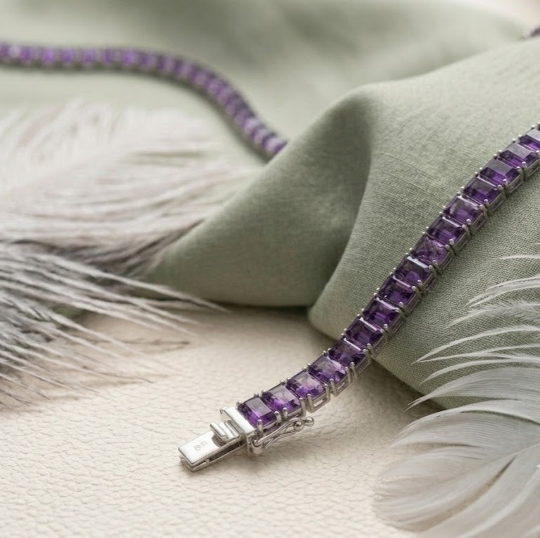 Purple Emerald Cut Tennis Necklace, Amethyst Choker, In 925 Sterling Silver