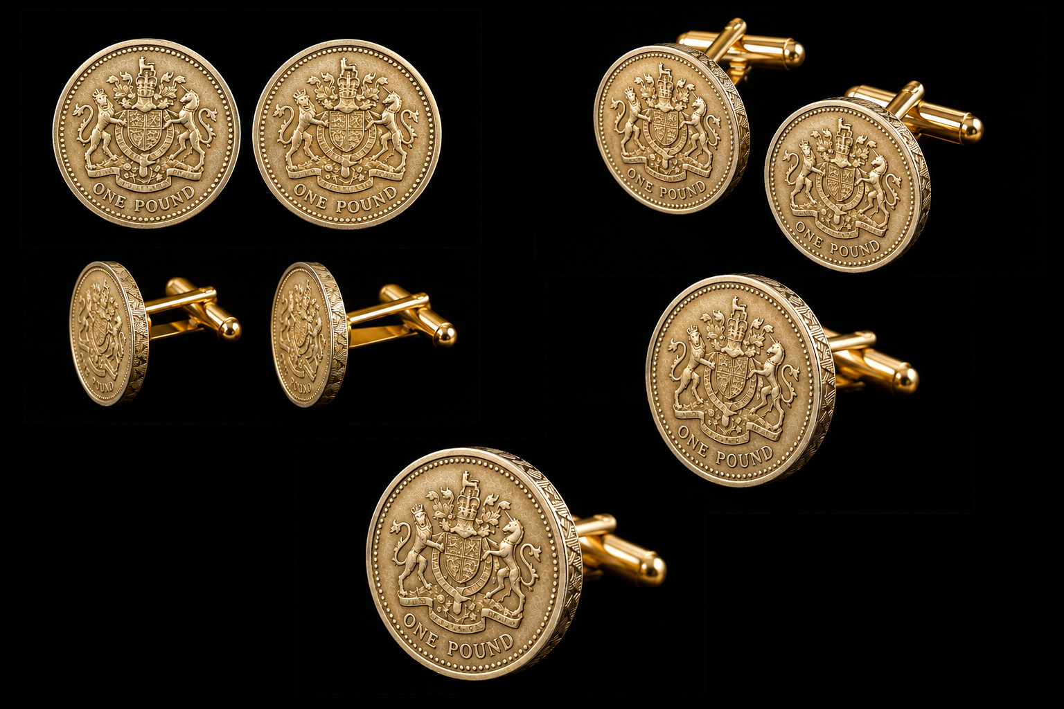 Vintage British One Pound Coin Cufflinks – Royal Coat of Arms – Handmade UK Coin