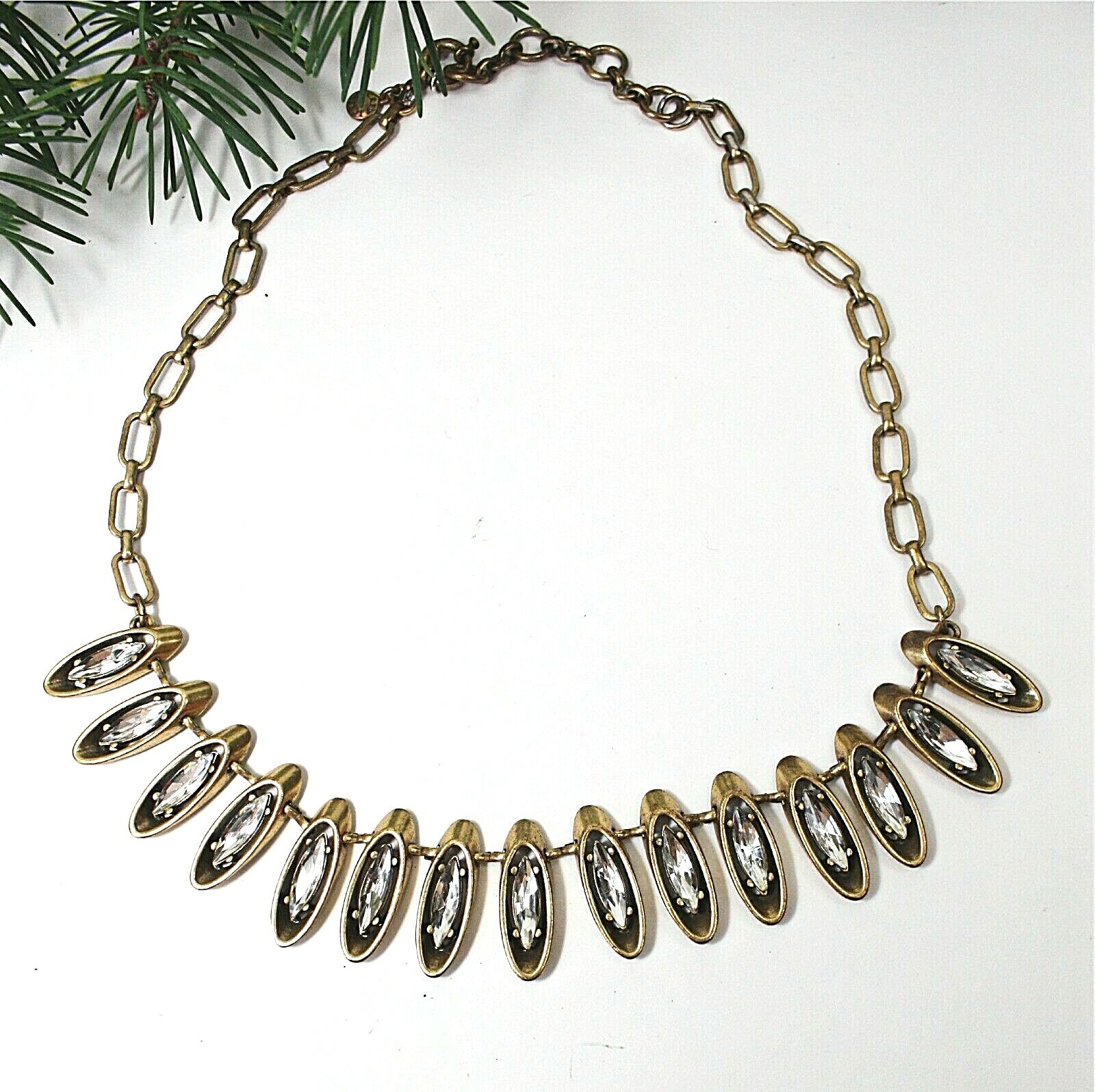 J CREW Necklace 20″ Gold Tone Chains & Links Clear Rhinestones Statement Jewelry