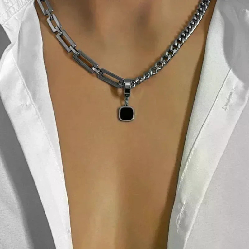 /Creative Hip-hop Tide Brand Simple Black Square Earrings Pendant Necklace Men’s