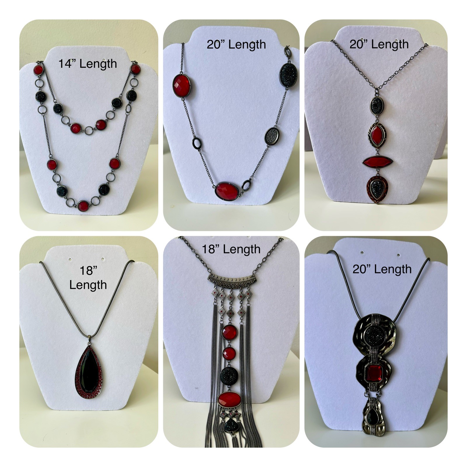 Lot of 6 Statement Costume Necklaces Red Black Gray Vintage Style.