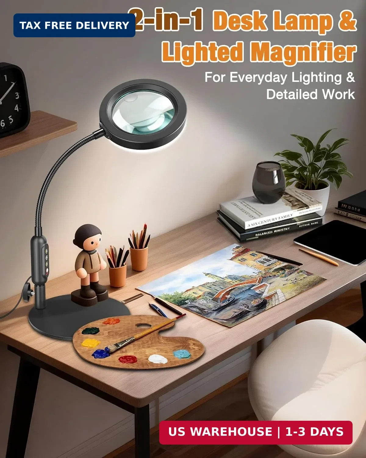 30X 10X Magnifying Glass with Light and Stand, 5 Color Modes Stepless Dimmable,