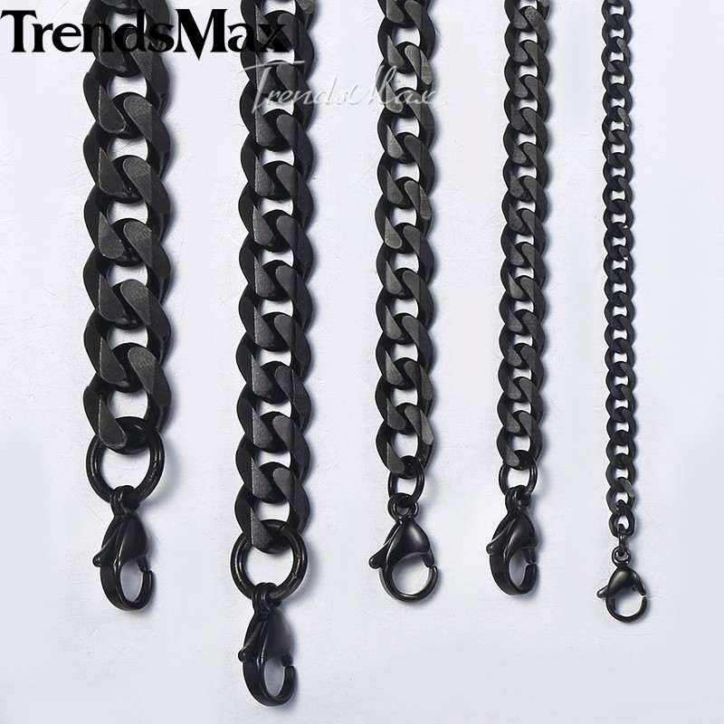 3/5/7/9/11mm Cuban Curb Mens Necklace Black Stainless Steel Link Chain 18″-30″