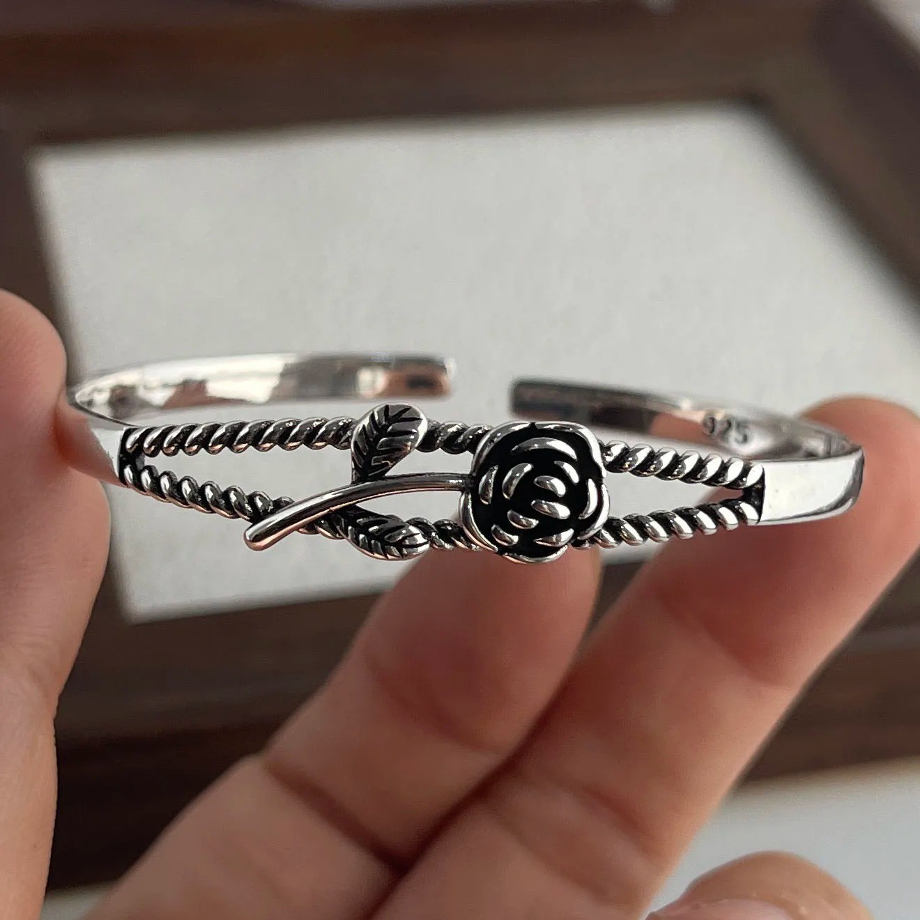Women Cuff Bangle Vintage Flower Retro Rose Set Sterling Silver Jewelle Bracelet