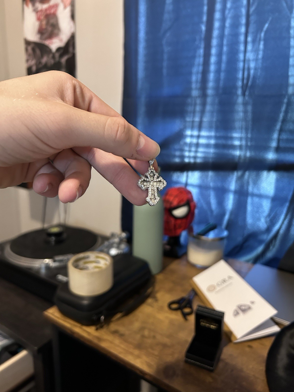 Silver Gothic Moissanite Cross Charm Pendant Clear VVS1 Excellent Cut w/ Report