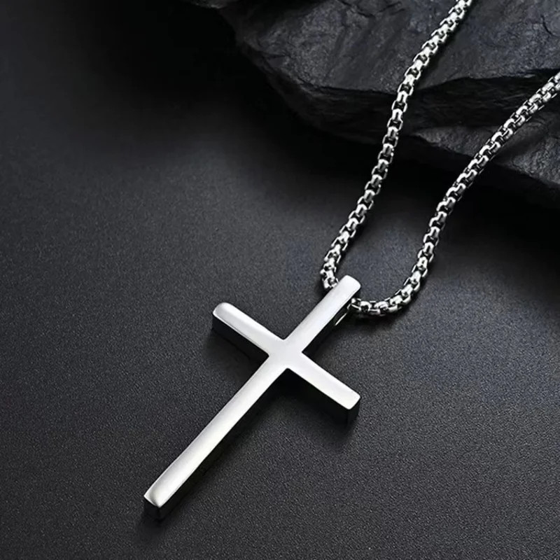 Men’s Hip Hop Cross Pendant Necklace Simple Punk Silver Titanium Steel Chain Fas