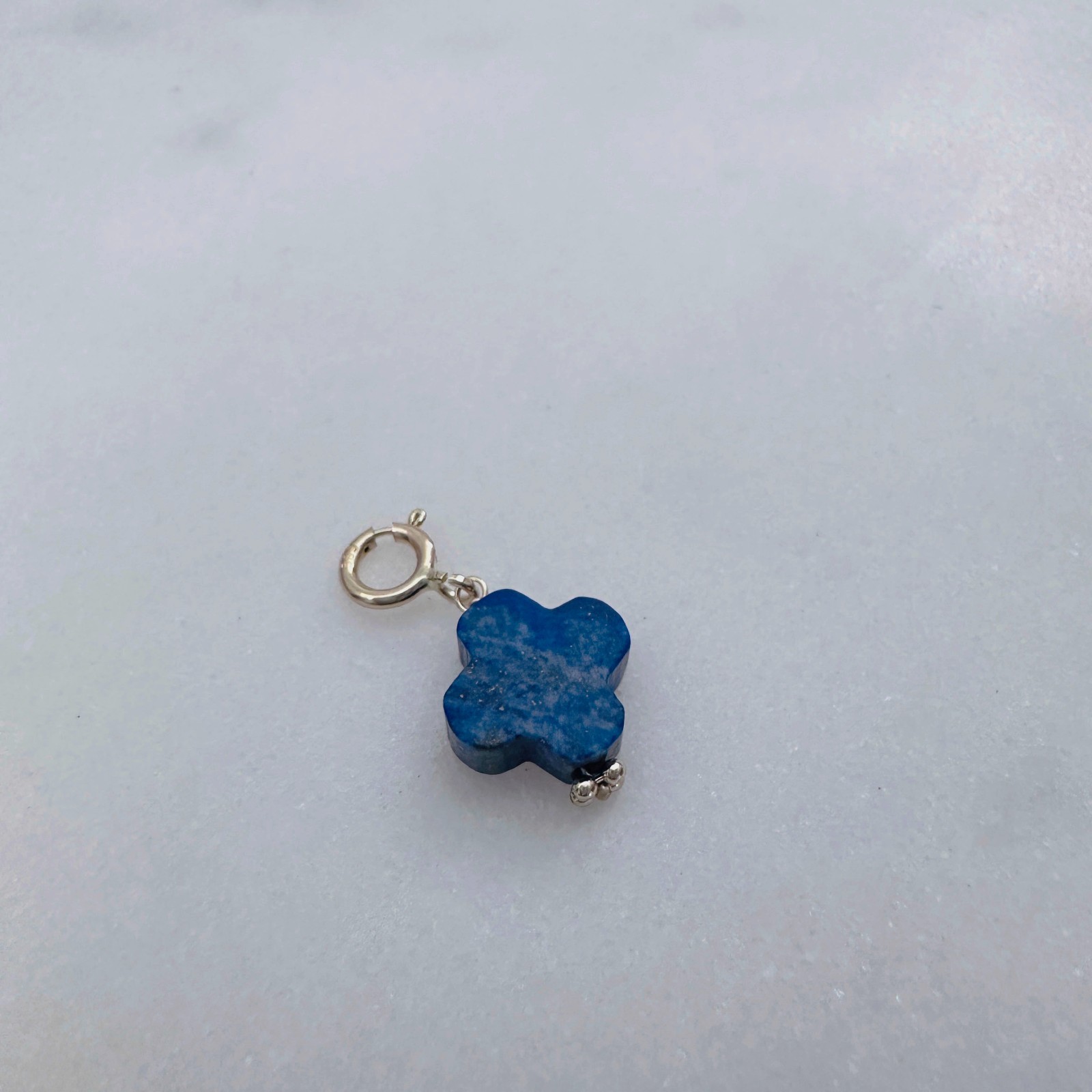 14K Solid Yellow Gold Lapis Lazuli Clover Small Charm Pendant w/Spring Clasp