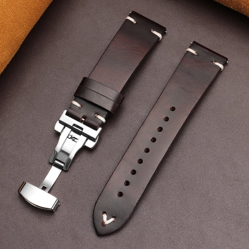 Genuine Leather Butterfly Buckle Watch Bands 18/20/22mm Waterproof Retro Oil Wax