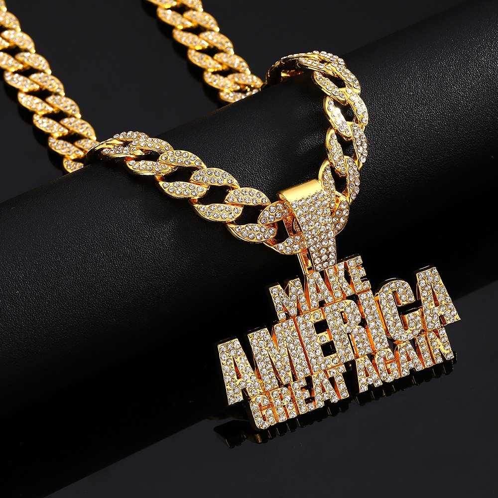 Hip Hop Iced Make America Pendant Necklace Punk CZ Crystal Chain Rap Jewelry NEW