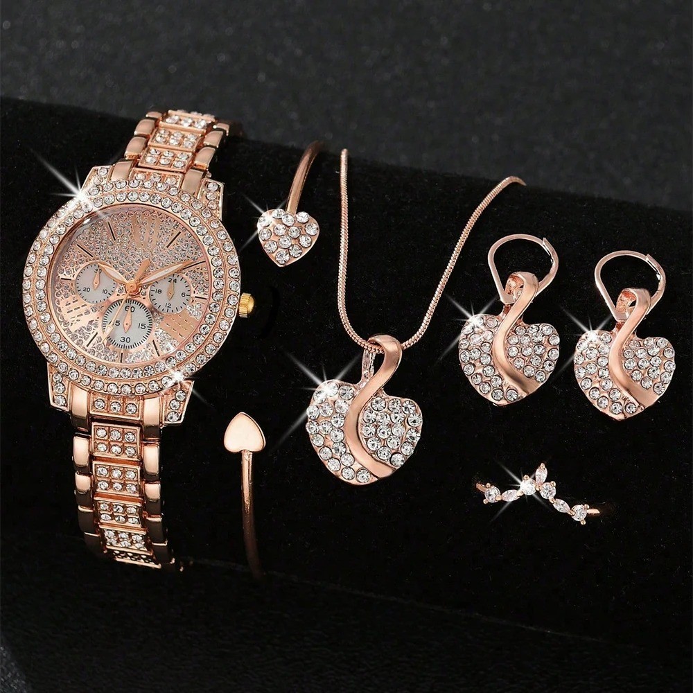 Women Quartz Watch Jewelry Set Gold Ring Necklace Earrings Rhinestone Gift USA