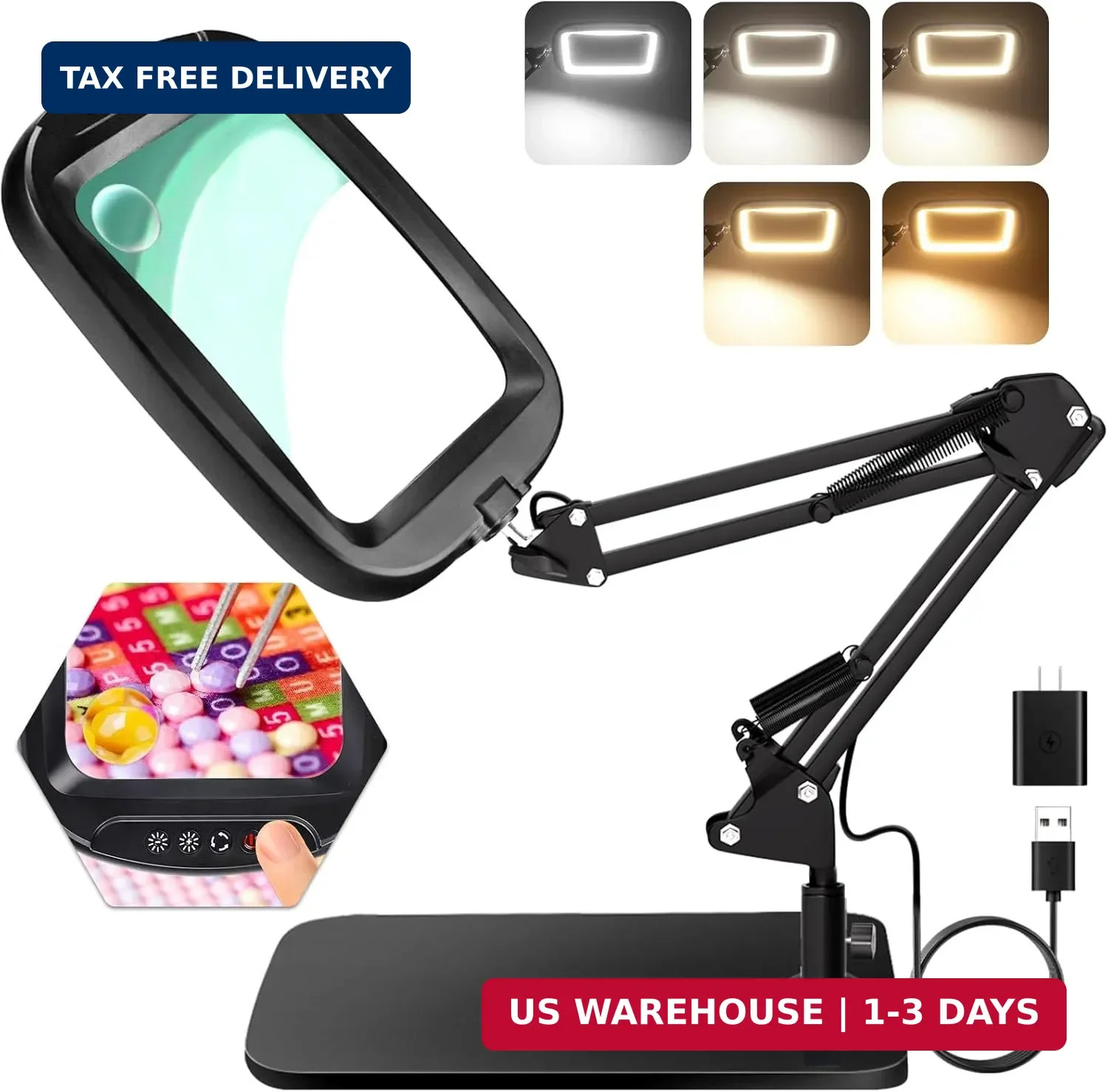 10X 30X Magnifying Glass with Light & Stand 7in LED Desk Lamp Reading Craft