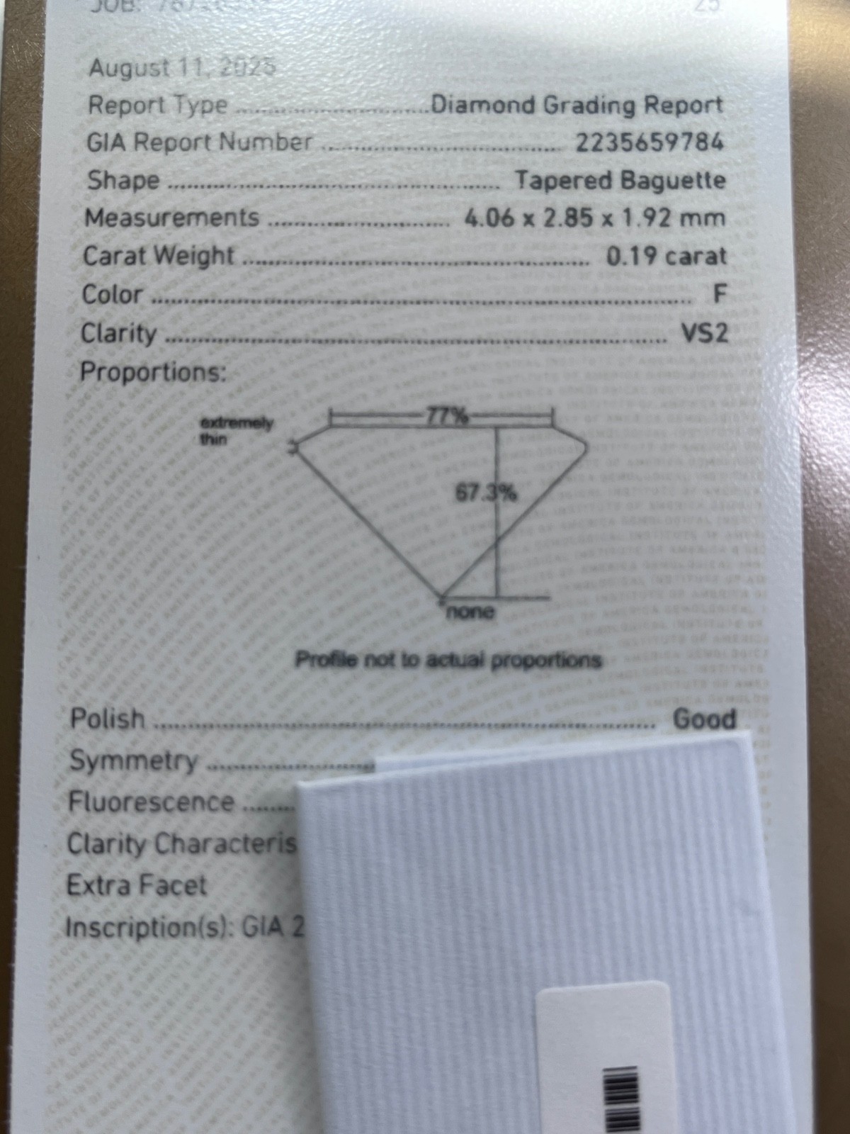 GIA Certified Tapered Baguette .19 CT VS2 F Natural Earth Mined Diamond