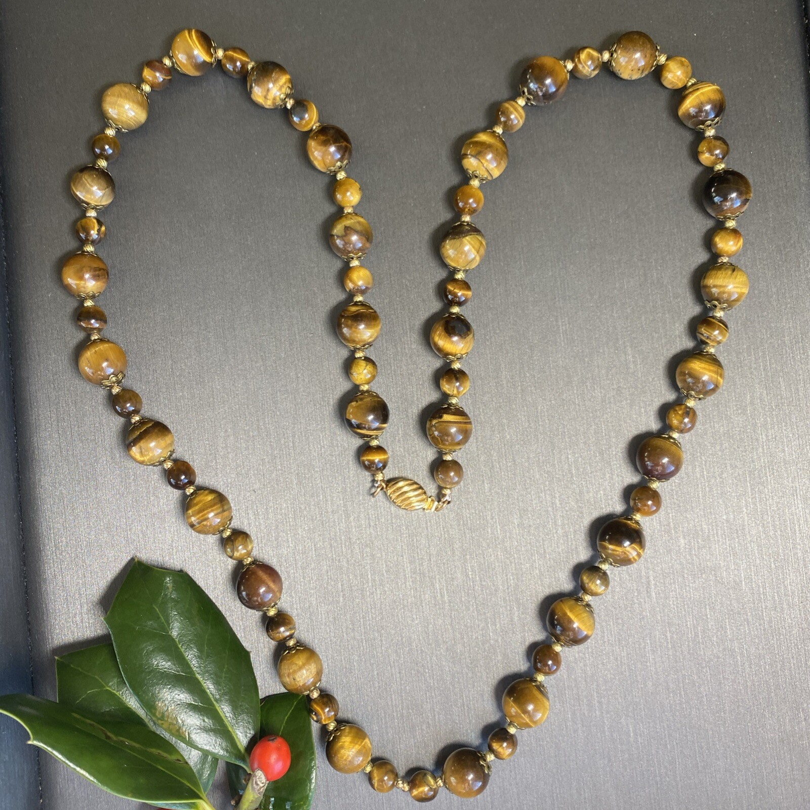 Vintage Tigers Eye Necklace Estate Fine Jewelry Pre-Owned Floral Filigree 25″