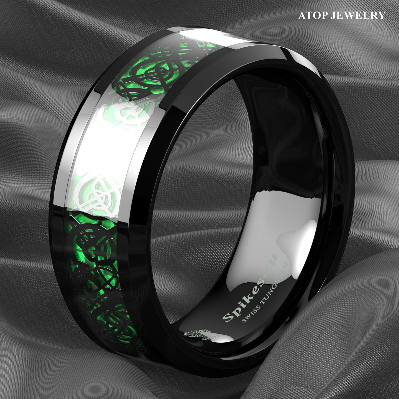 ATOP 8/6mm Men Black Green Tungsten Ring Wedding Band Celtic Dragon Carbon fiber