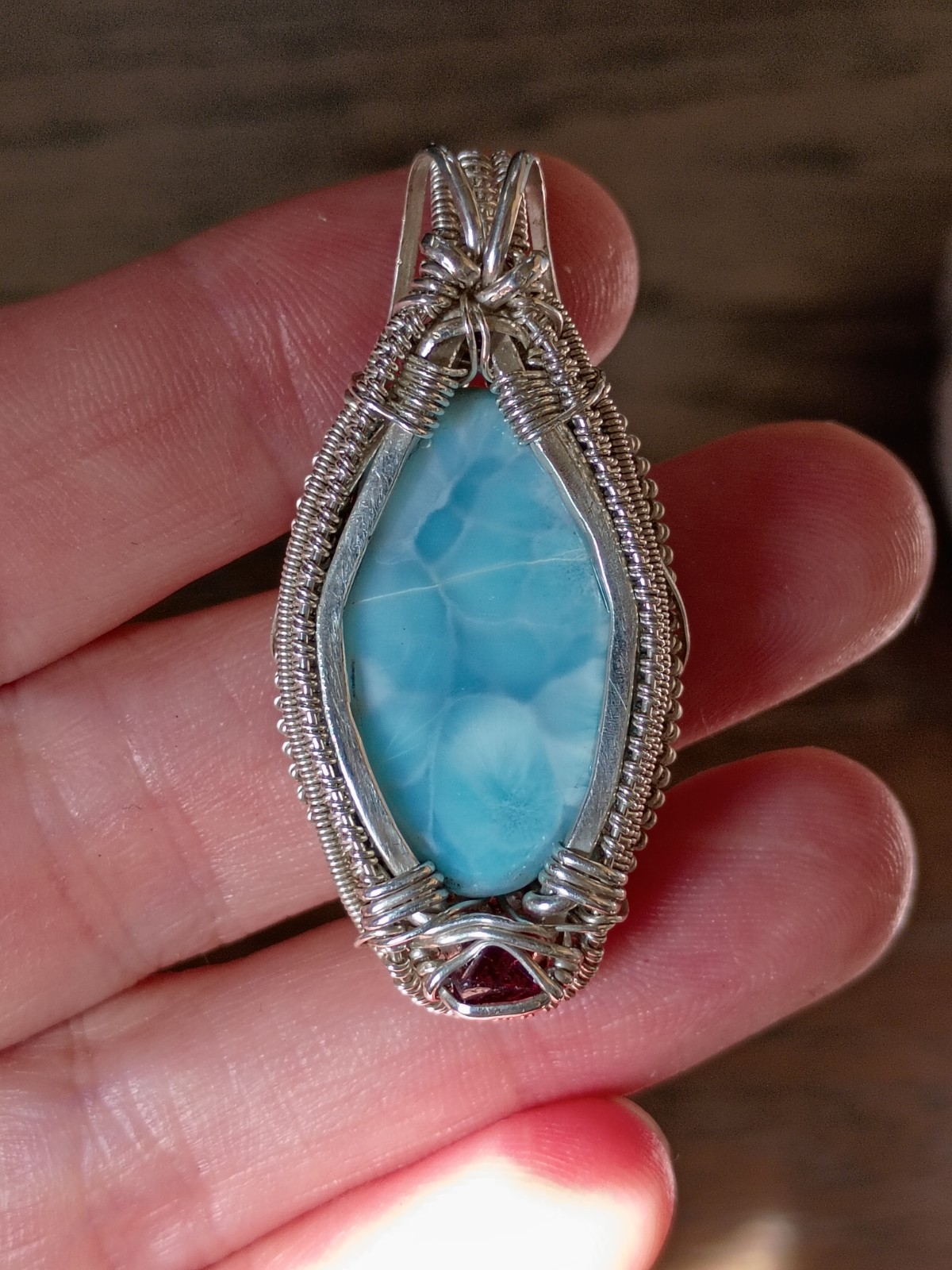 Larimar and Red Spinel Sterling Silver Pendant Wire Wrap Jewelry Double sided