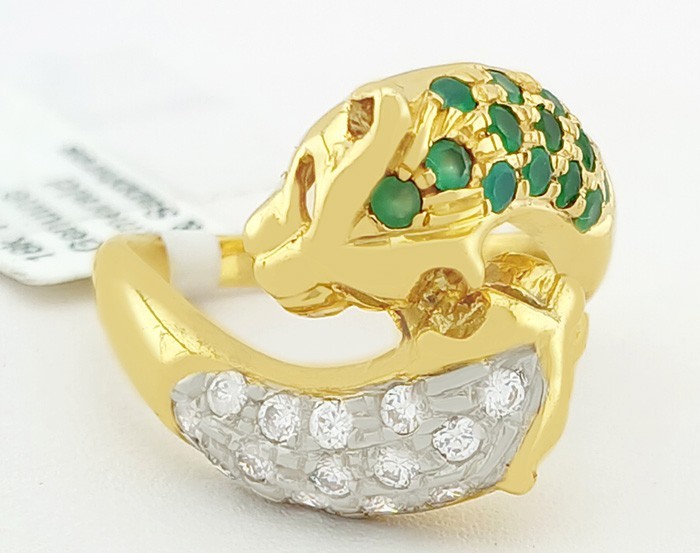 GENUINE 1.12 Cts EMERALDS & WHITE SAPPHIRE PANTER RING 18k GOLD – MADE IN USA