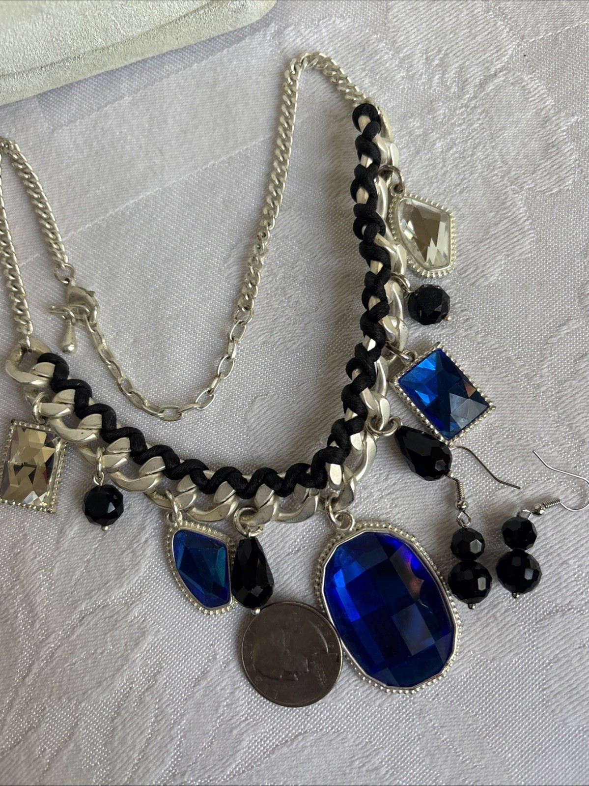 Park Lane Fascinated Necklace Satin Brushed Silver Tone Blue Black & Bns Earring