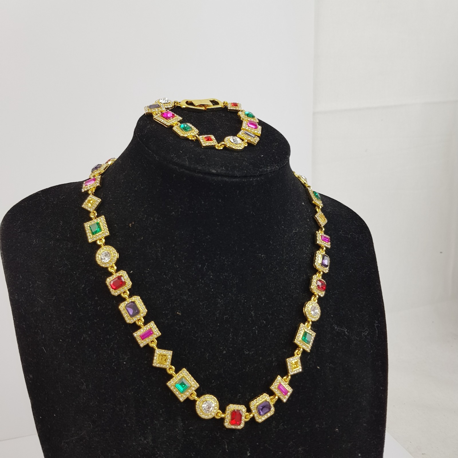 NEW Gold Toned Multi Coloured Gem Halo Set Necklace & Bracelet Set Unboxed