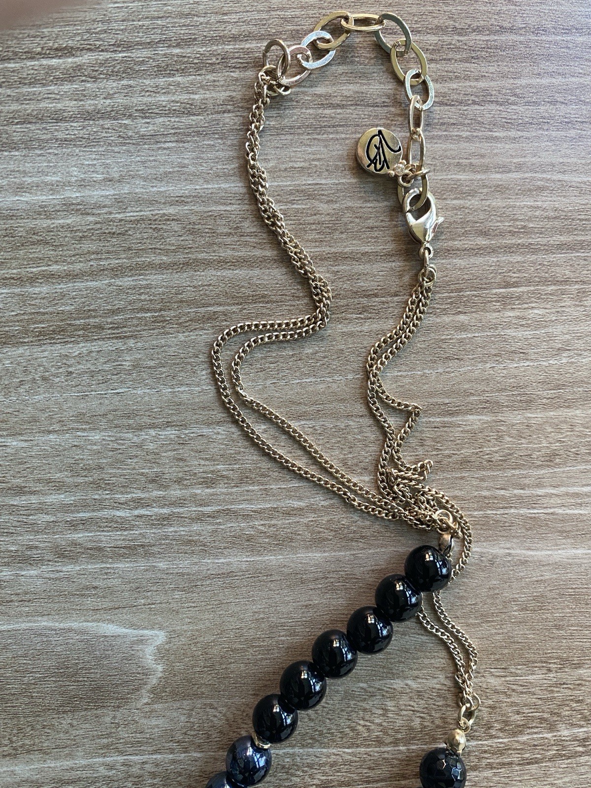 Vera Bradley Vintage Long Black and Blue Glass Bead Necklace/Gold Toned Tassel