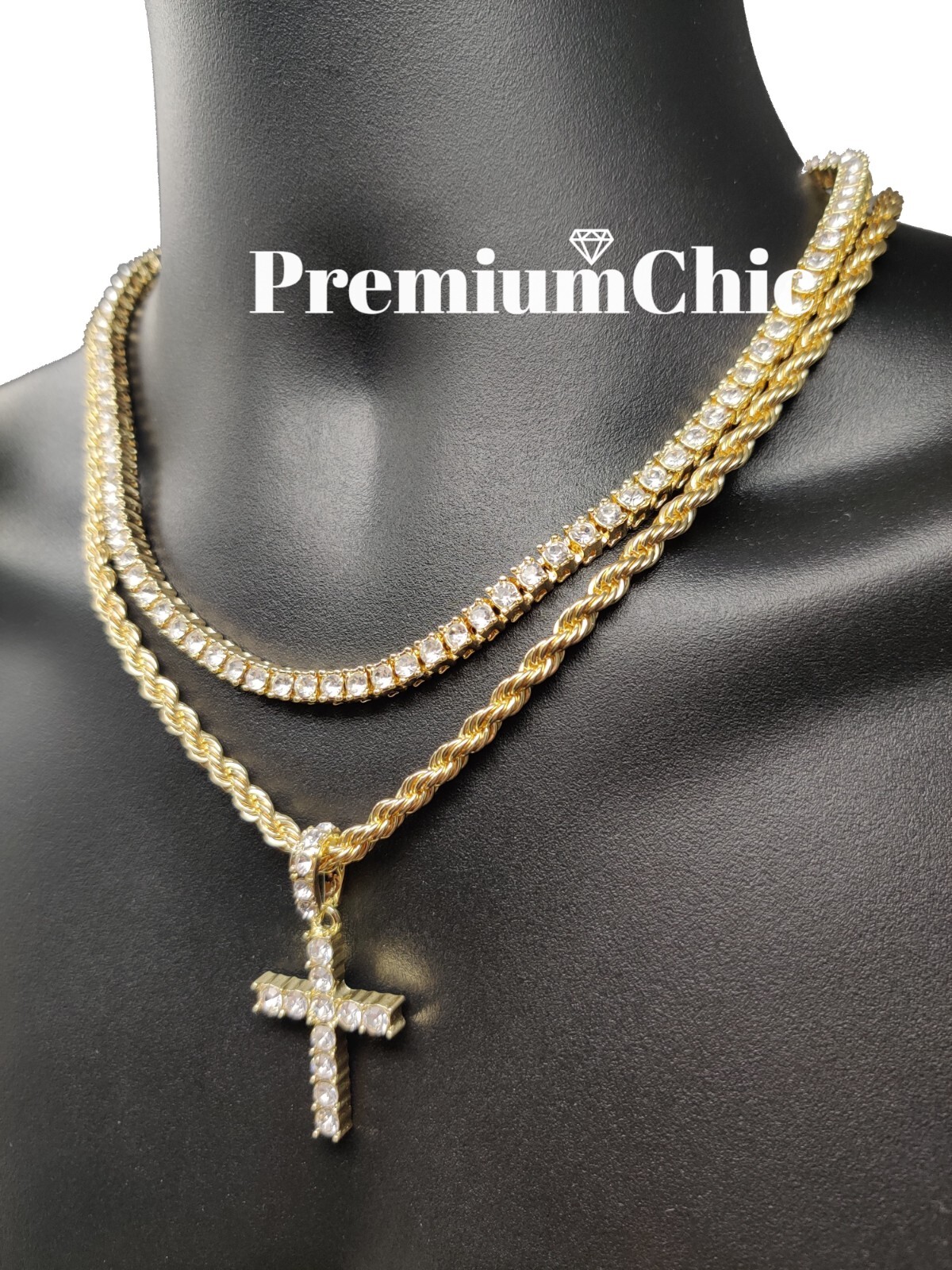 3pc Set, Tennis Choker, Rope Chain, Cross Pendant Mens Plated Hip Hop CZ Jewelry