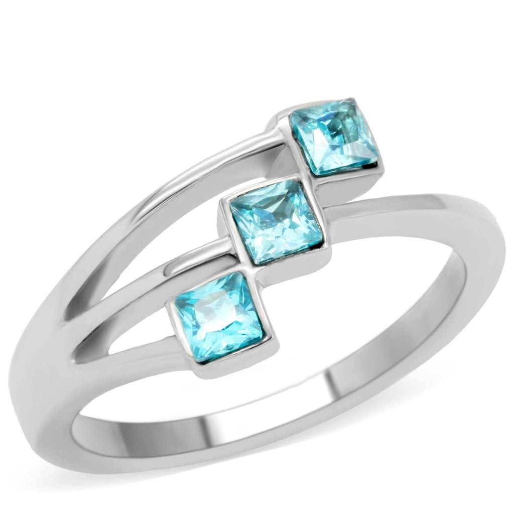 Women’s Ring, Blue Glass, Stainless Steel, Modern Design, Three Stone