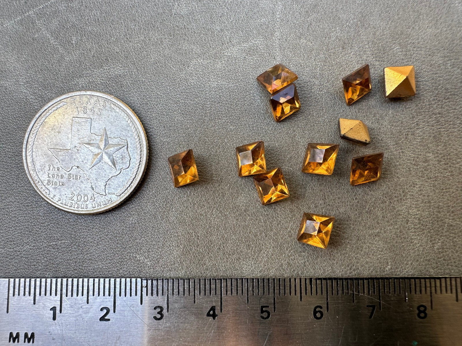 Vintage amber square faceted rhinestone gold foil backed Lot of 11