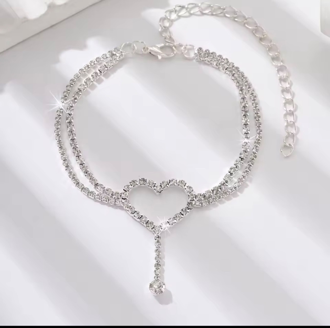 Shiny Bling Heart Drop Tassel Charm Double Layer Anklet Women Beach Foot Chain