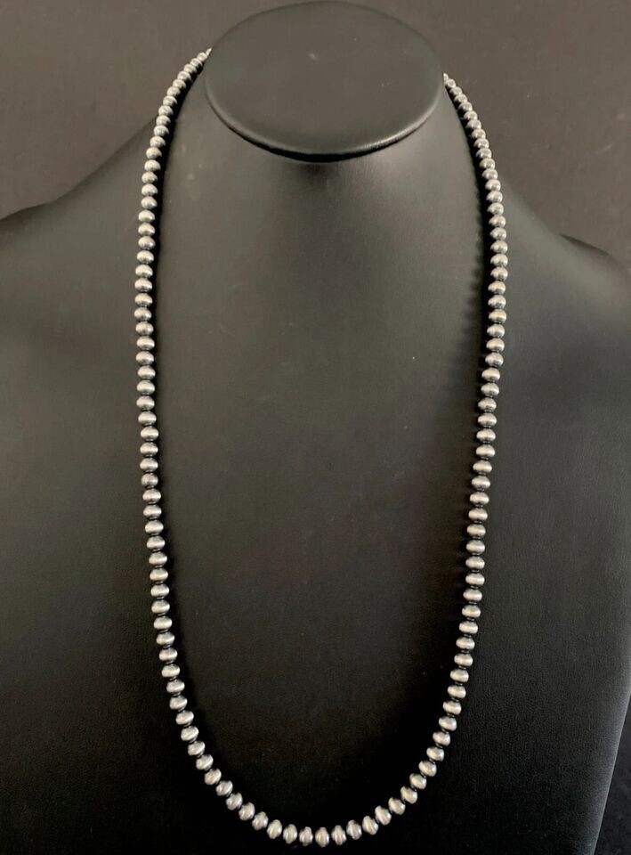6mm 14 Inch 925 Sterling Silver Oxidized Pearls Bead Necklace Southwestern