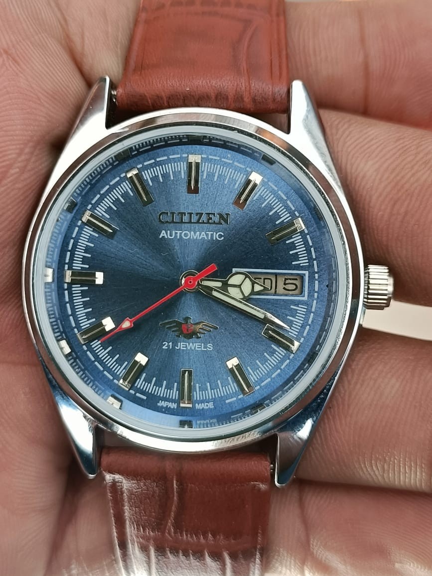 Citizen Automatic Blue Dial Day/Date 21 Jewels Stainless Steel Mens Wrist Watch