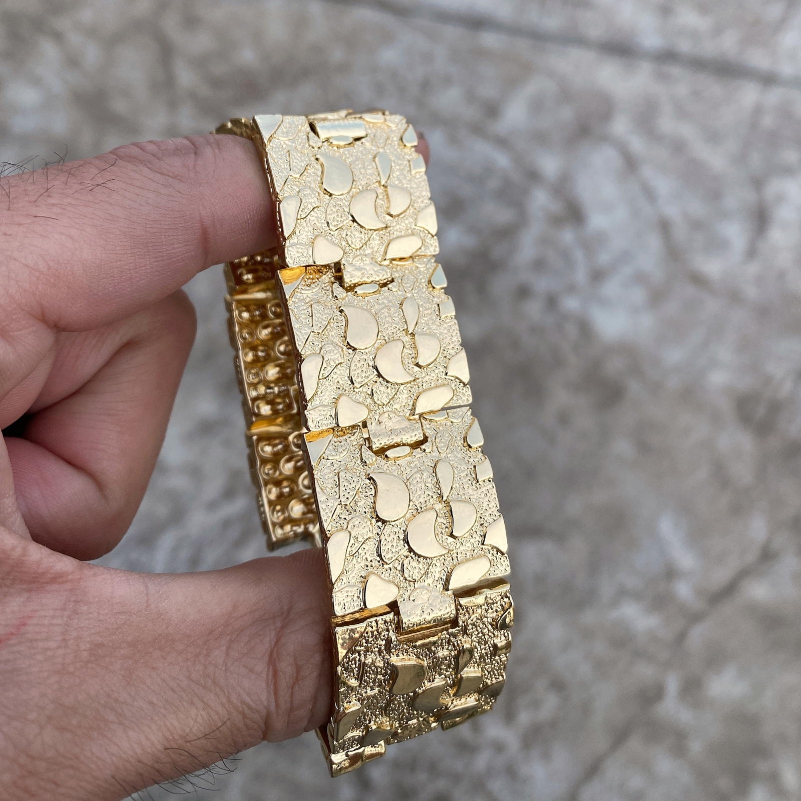 Men’s 14K Gold Plated “Gold Nugget” Heavy Hip Hop Bracelet Big 24MM Thick 8″ in