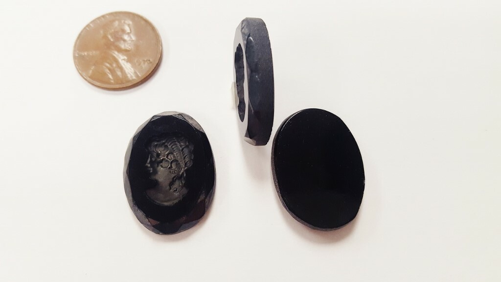 2 Vintage Glass Black & Hematite Lady Headband 25x18mm German Intaglio Cameo 271