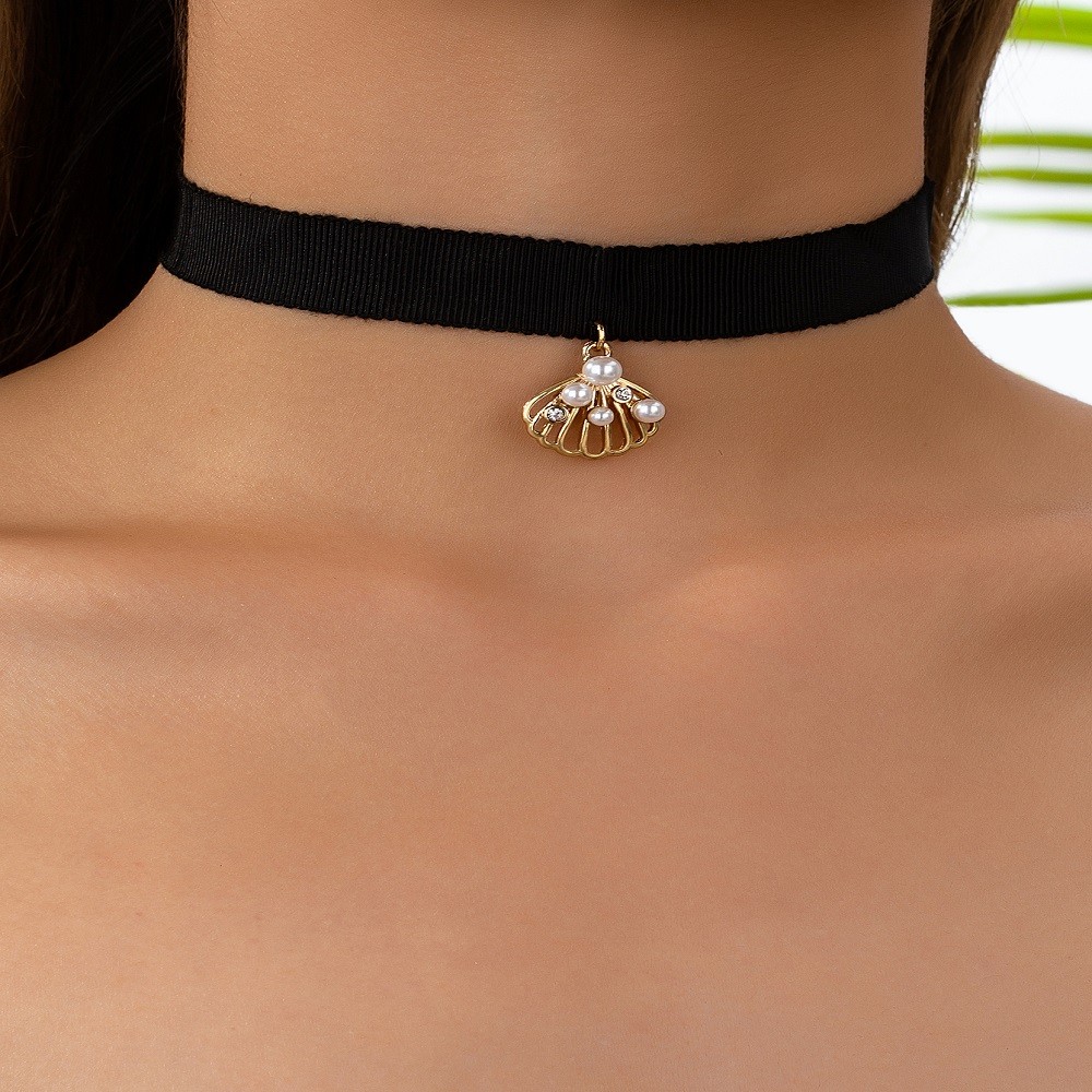Black Velvet Choker Necklace Gold Hollow Shell Pendant Faux Pearl Rhinestone