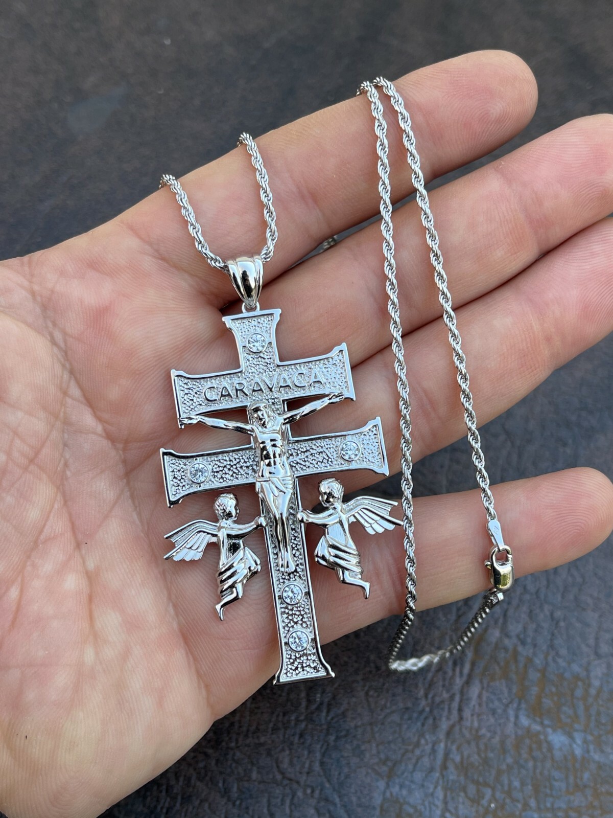 Real Solid Sterling 925 Silver Caravaca Cross Double Crucifix Mens LARGE 2.5″