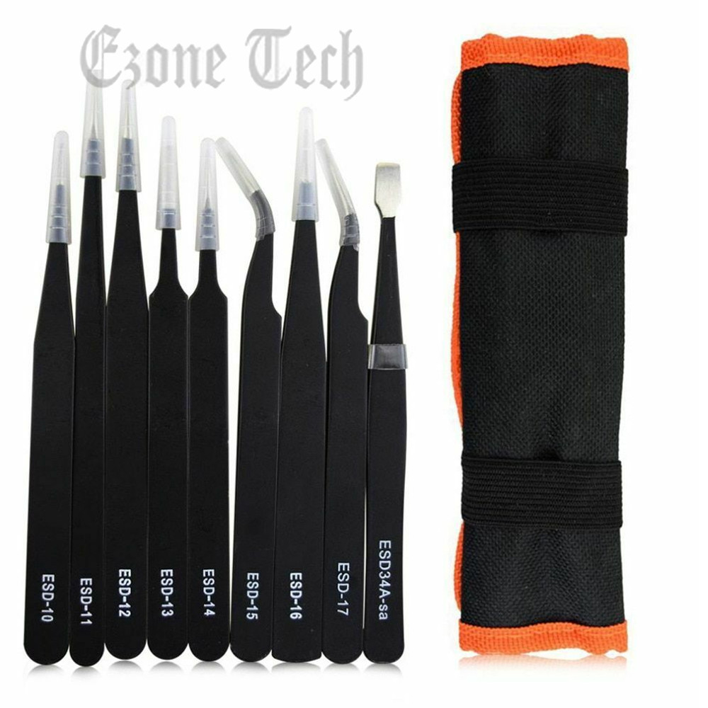 10pc ESD Tweezers Precision Set Stainless Steel For Electronics & Jewelry Repair