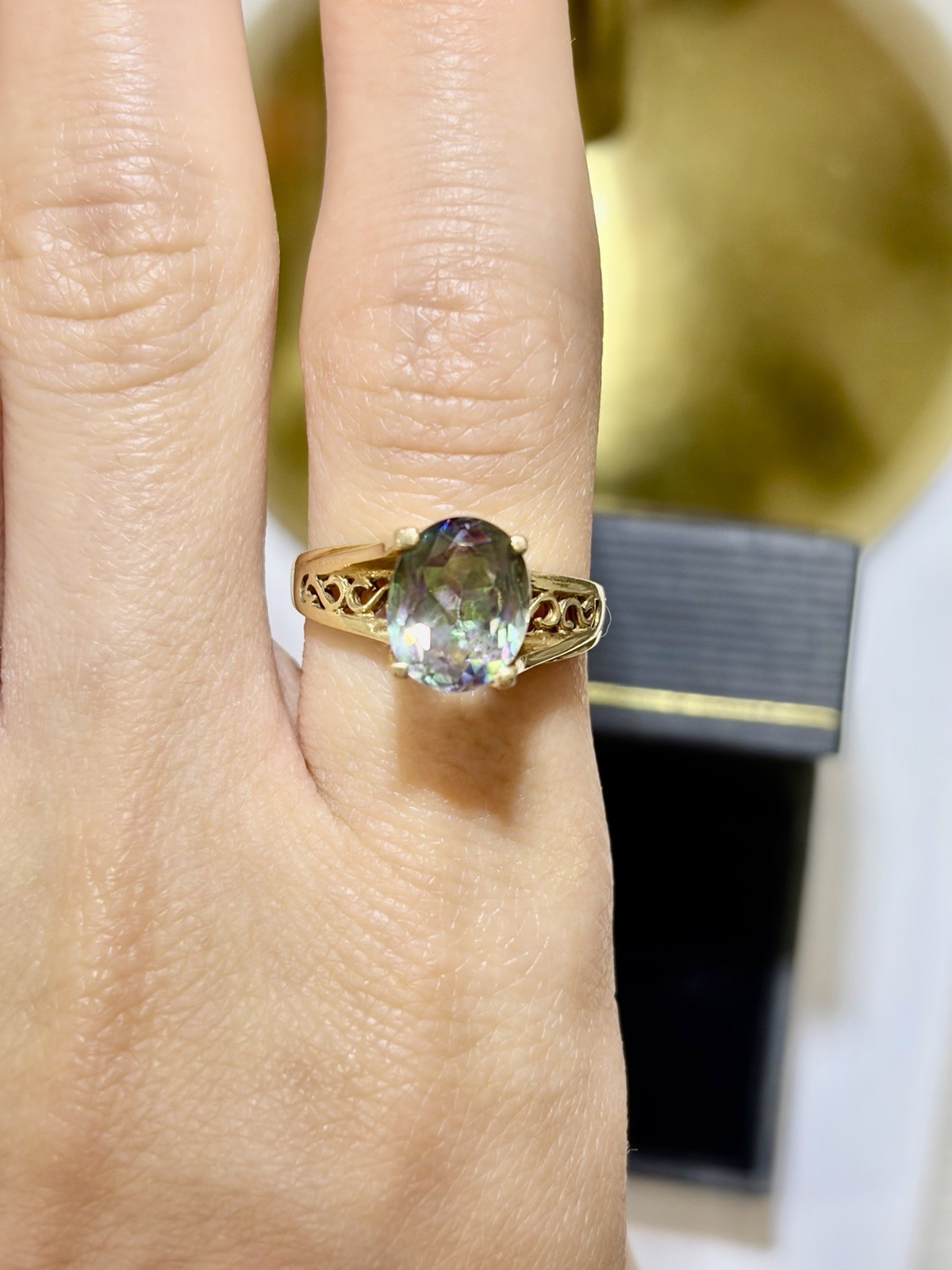 10K Yellow Gold Oval Multicolor Mystic Topaz Prong Ring Size 8 2mm Band