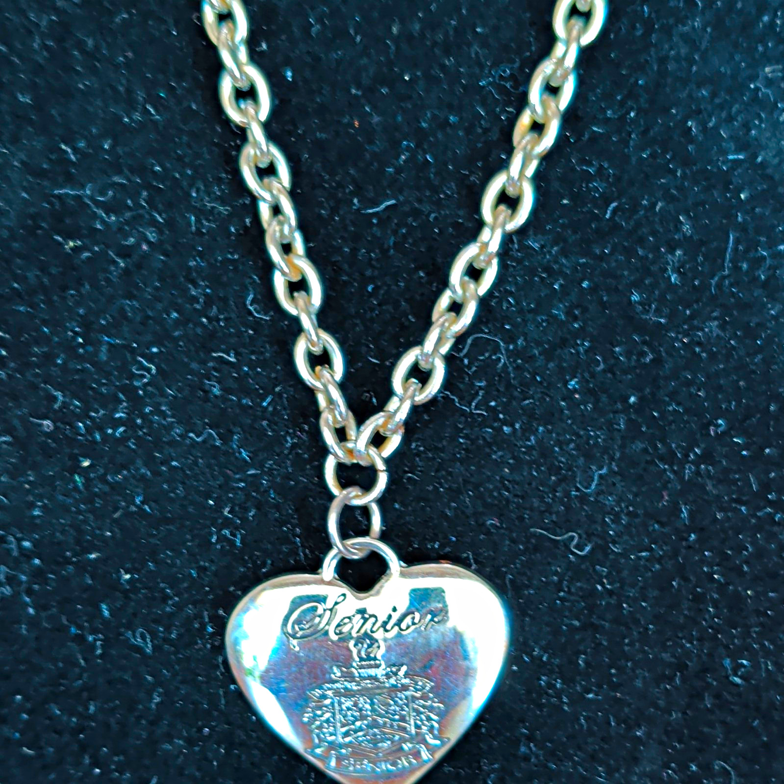Silver Tone Engraved “Senior” Heart Charm Pendant Cable Chain Necklace