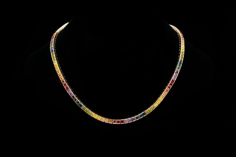 30 ctw Created Princess Rainbow Sapphire 14K Gold Plated Tennis Women’s Necklace
