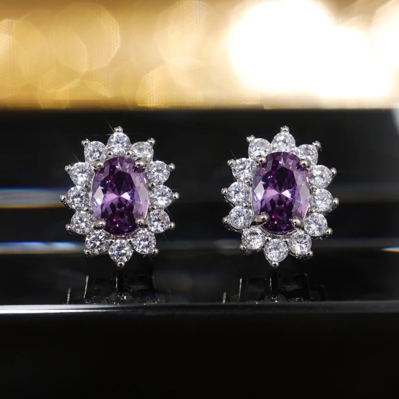 Oval CZ Stud Earrings Full Zircon Wedding Luxury Fashion Jewelry Women