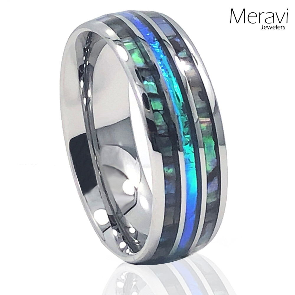 🔥NEW! Silver Tungsten Abalone Blue Inlay Engagement Wedding Band Mens Ring 8mm
