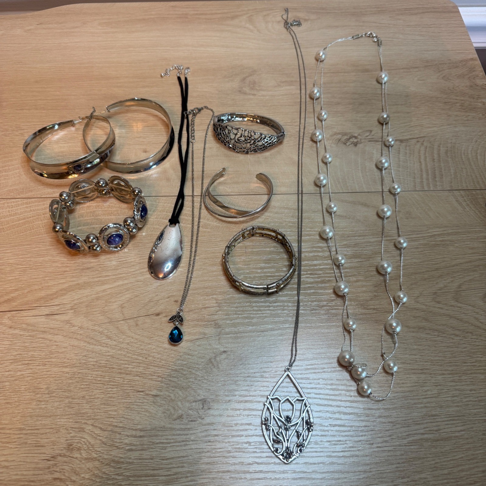 9pc Silver Tone Jewelry Lot Faux Pearl Blue Stone Necklaces Cuff Bracelets Set