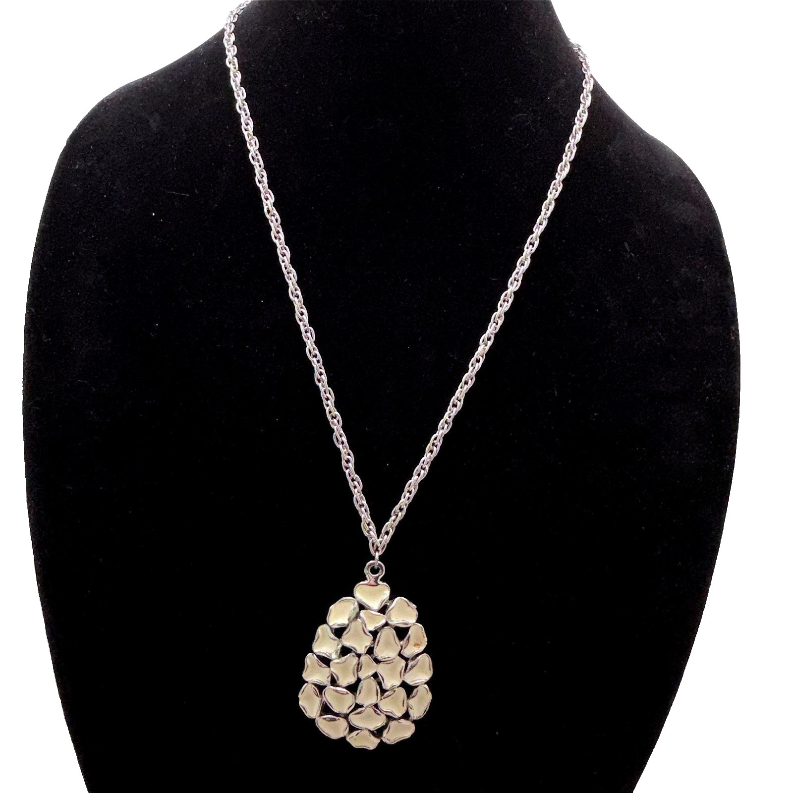 Silver Tone Pendant Necklace Teardrop Shape Modern Textured 24 in