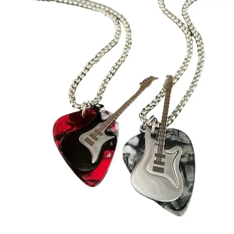 Hip Hop Guitar Pendant Necklace Titanium Steel Vintage Electric Guitar Sweater C