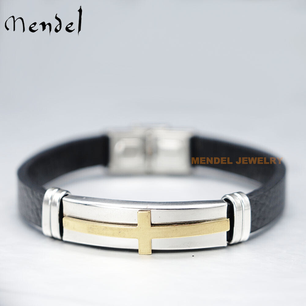 MENDEL Mens 7 Inch Christian Cross Leather Bracelet Stainless Stainless For Men