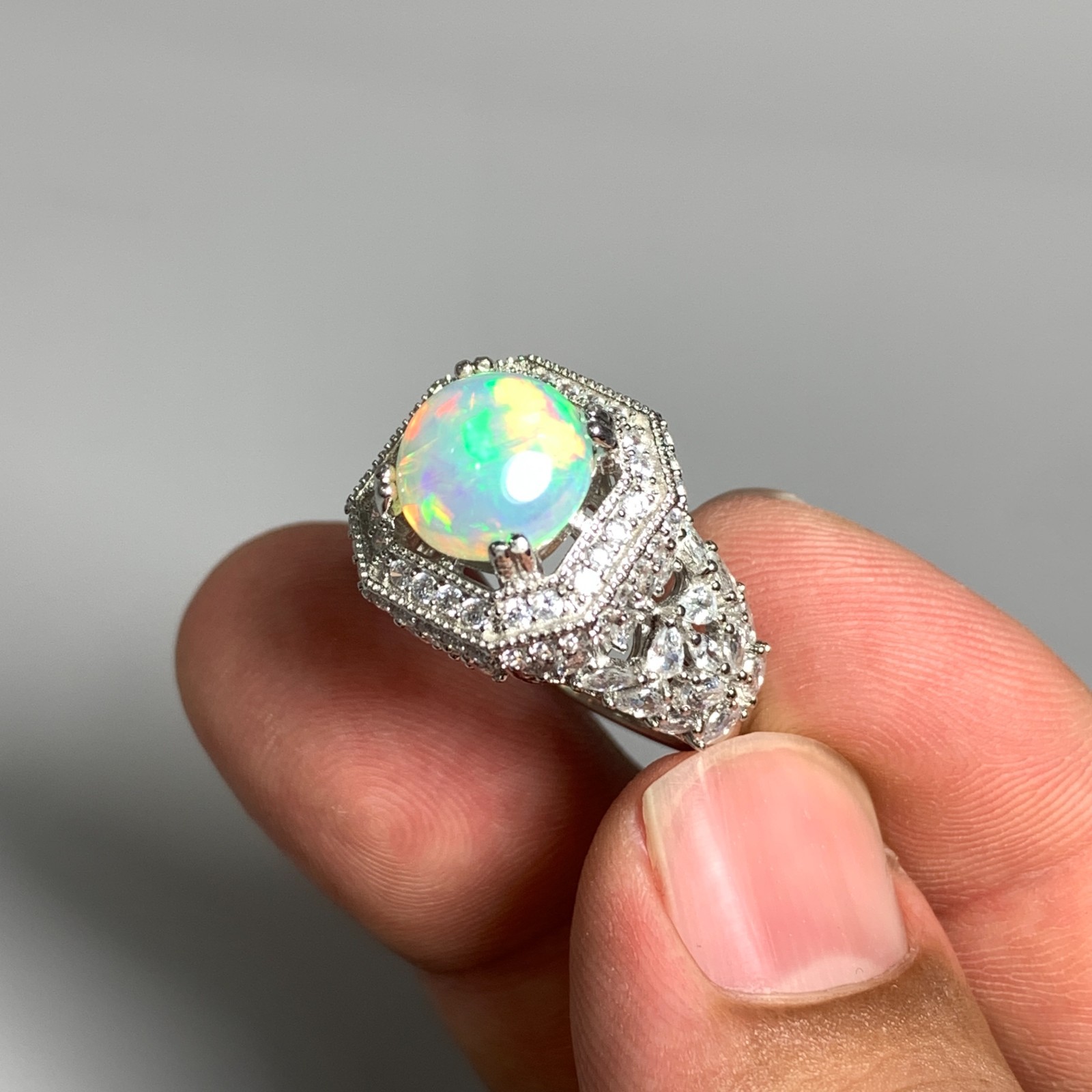 Natural 3.00 Ct Full Fire Ethiopian White Opal Designer 925 Silver Ring