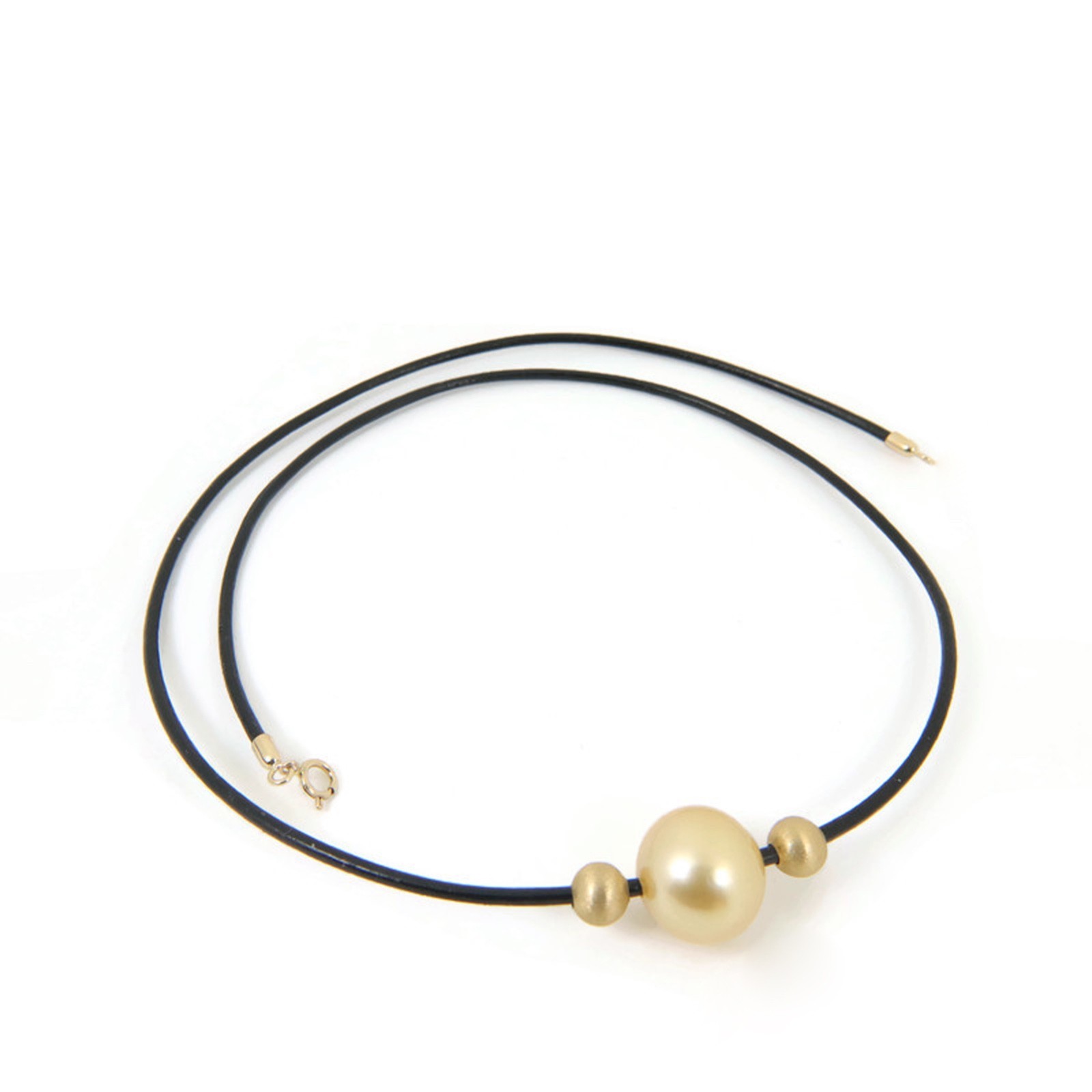 13.3mm Genuine Golden South Sea Pearl Leather Necklace, Solid 14K Gold #105LN