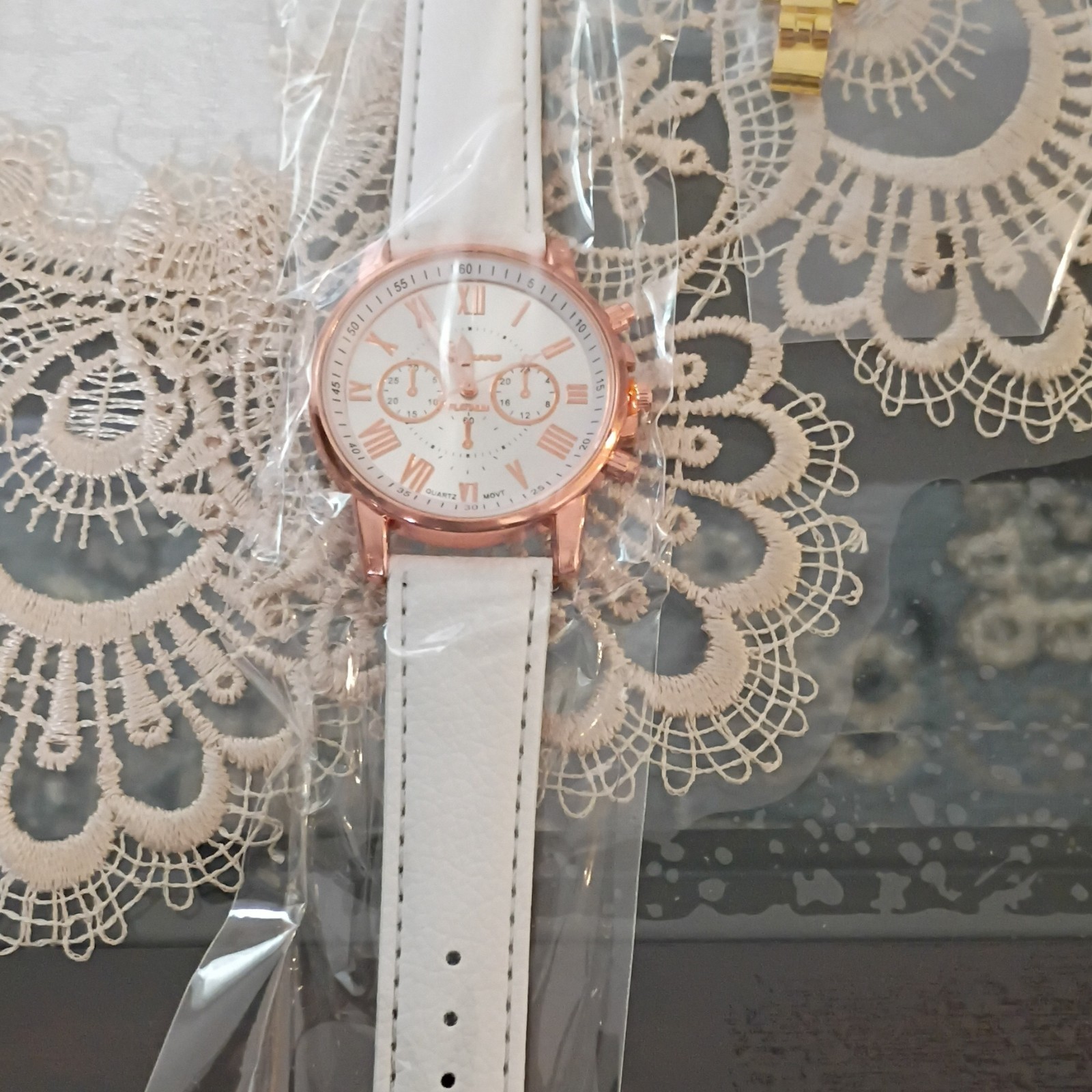 Geneva Rose Gold Tone 40mm Quartz Analog Watch White Strap Roman Numeral Dial