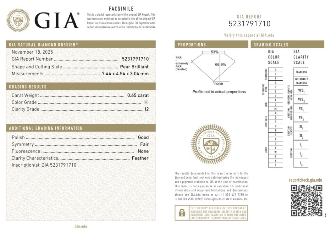 GIA Certified 0.65ct H/I2 Laser Inscribed Pear Brilliant Cut Loose Diamond