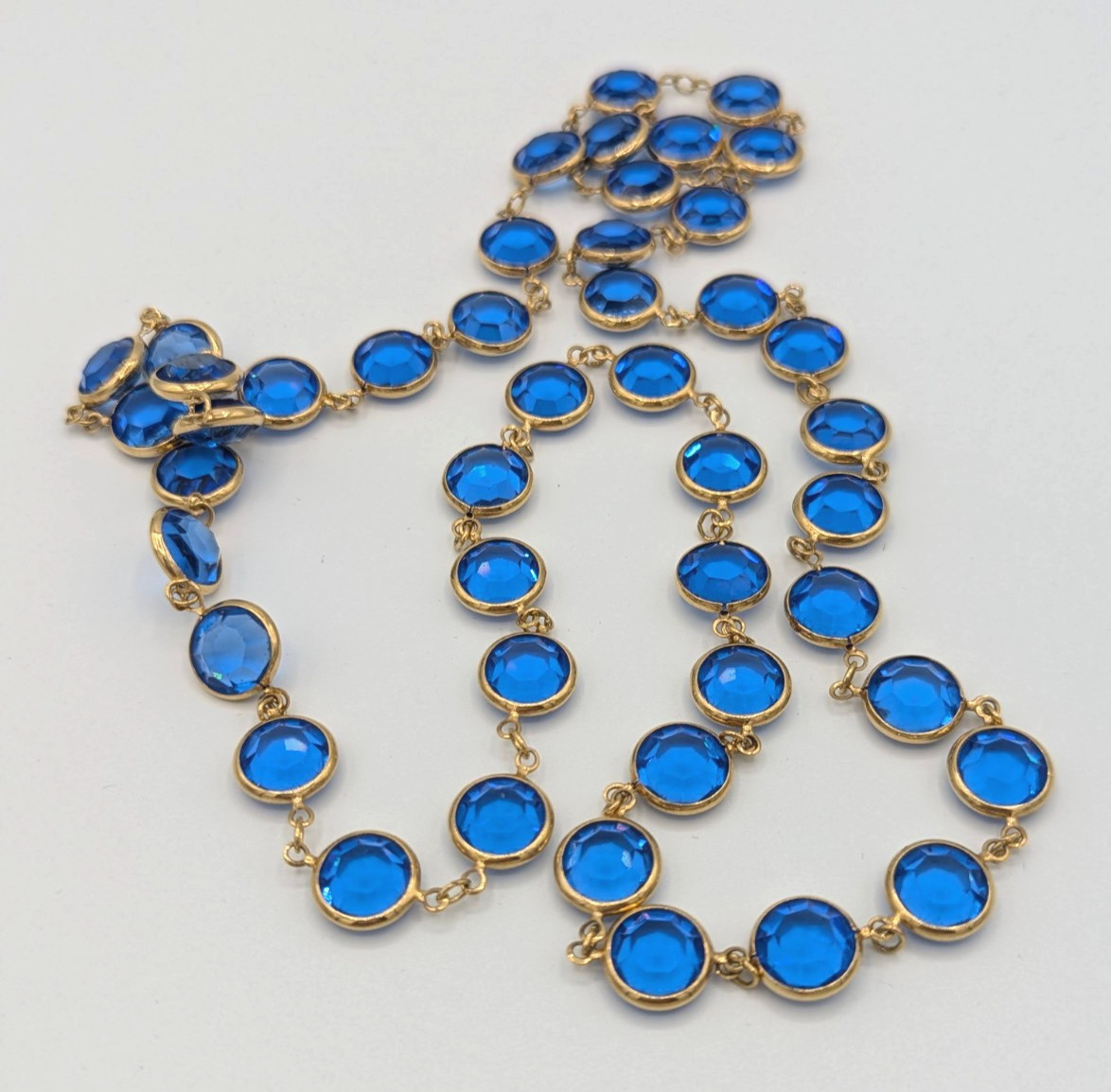 Vintage Blue Glass Open Bezel Station Necklace Gold Tone Endless Flapper 35″