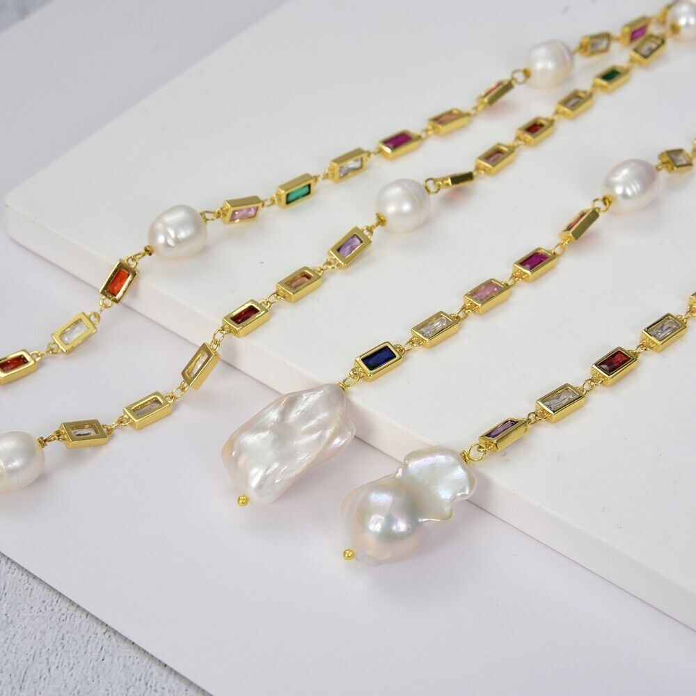 Cultured White Keshi Pearl Mixed Color Cz Pave Long Gold Plated Chain Necklace